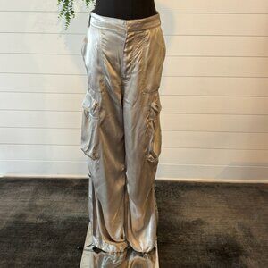ZARA Cargo Pants Silver Satin Silky BRAND NEW WITH TAGS